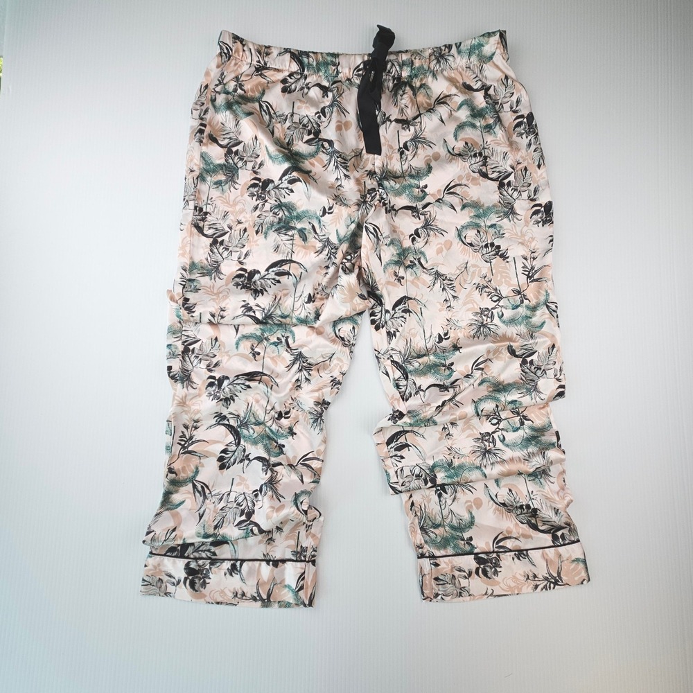 Victorias Secret Pajama Pants XL Pink Tropical Palm Satin Luxe Loungewear Y2K